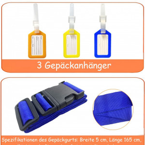 Set de 4 curele reglabile pentru bagaje si 3 etichete Sorzlluo, poliester/plastic, albastru/negru, 5 x 165 cm