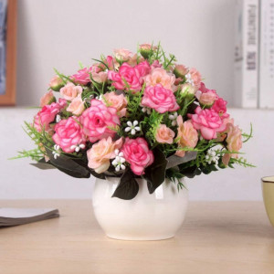 Set de 4 trandafiri artificiali JaneYi , verde/ roz, matase/ plastic - Img 3
