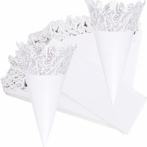 Set de 50 conuri pentru nunta Wolfteeth, alb, hartie, model fluture, 14 x 14 cm - Img 1
