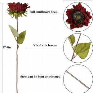 Set de 6 flori artificiale Tifuly, metal/plastic/matase, rosu inchis/verde, 44 cm - Img 3