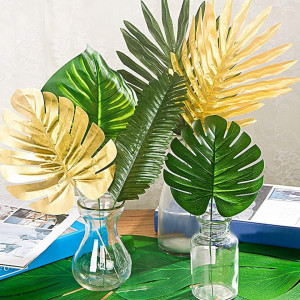 Set de 72 frunze tropicale artificiale pentru decorare petrecere Ksrnsne, verde/auriu, 14-5 - 40 cm - Img 6