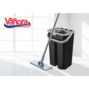 Set de curatenie Vanora Home Master Clean, mop plat cu stoarcere automata, 2 piese, plastic/ inox, negru/gri - Img 2