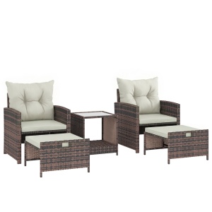 Set de gradina 5 piese, ratan PE/otel/sticla/poliester, 2 fotolii 62x65x75cm + 2 taburete 52x50x35cm + masa 45x45x49cm, perne 5/8cm incluse, capacitate 120kg fotoliu/30kg masa, maro/crem/negru - Verificat A · Re-Bloom