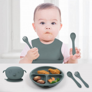 Set de hranire bebelusi Weeme, silicon, gri, 5 piese - Img 3