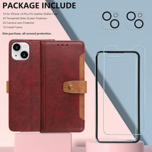 Set de husa cu 2 folii de protectie ecran si 2 pentru camera compatibil cuIPhone 14 Plus Gimane, piele PU/sticla securizata, rosu, 6,7 inchi - Img 7