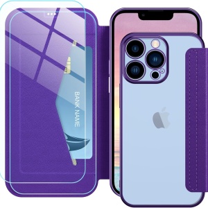 Set de husa si 2 folii de protectie ecran pentru iPhone 13 Pro Petocase, piele PU/sticla securizata, violet, 6,1 inchi