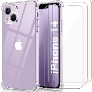 Set de husa si 3 folii de protectie pentru IPhone 14 YNMEacc , sticla securizata/silicon, transparent, 6,1 inchi