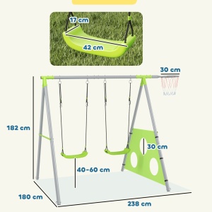 Set de joaca copii 3in1 cu leagan, cos baschet, poarta fotbal, 238x180x182cm, Verde/Gri - Verificat A · Re-Bloom - Img 3
