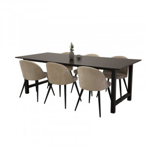 Set de o masa si 6 scaune Drasner, MDF/metal, negru/bej - Img 5
