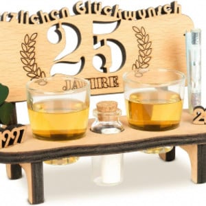 Set de pahare si banca cu gravura eleganta pentru aniversare 25 ani Brynnberg, lemn/sticla, natur/transparent