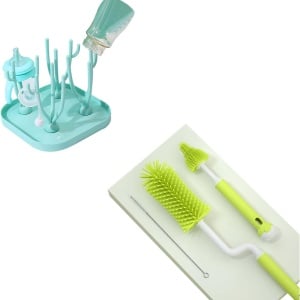 Set de suport pentru uscare si perii de curatare biberoane Kiuiom ABS/PP/silicon, albastru/verde