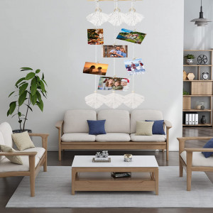 Set decor de perete si 18 cleme pentru colaj de fotografii BINOTHINK, macrame/lemn, alb, 150 cm x 35 - Img 4