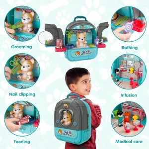 Set ghiozdan jucarie 3 in 1 Rovo 998-1, Spital Catel, Veterinar, 59 piese - Albastru - Img 2