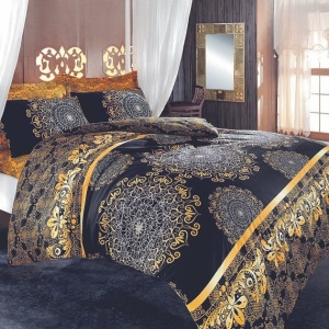 Set husa pilota + 2 fete de perna, bumbac ranforce 100%, 240x220 cm + 2x60x60 cm, lavabil 30°C, negru/auriu - Verificat A · Re-Bloom