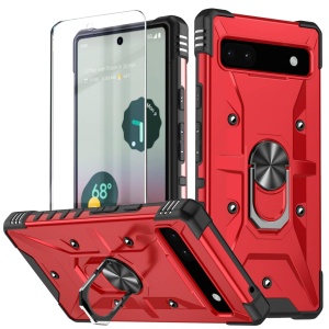 Set husa si folie de protectie pentru Google Pixel 6A Potok, PC/TPU/sticla securizata, rosu/negru, 6,1 inchi