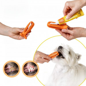 Set ingrijire dentara pentru caini Natural Dog, periuta si pasta de dinti, cauciuc, portocaliu, marimea S