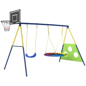 Set leagan gradina 4in1 copii, 2 leagane, cos baschet, poarta fotbal, 288x160x220cm, Multicolor - Verificat A · Re-Bloom