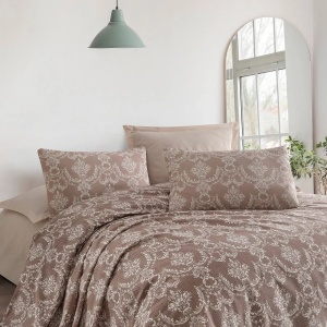 Set lenjerie de pat, bumbac 100%, 240x220 cm, cearsaf neelastic, lavabil 30°C, maro - Verificat A · Re-Bloom