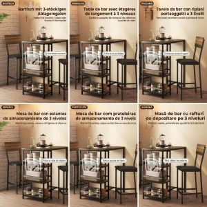 Set masa de bar cu 3 rafturi si 2 scaune Re-Bloom, otel/MDF/piele PU/spuma, masa 90x50x90.5 cm + 2 scaune 40x46x97 cm, suport picioare, 80/130 kg, nuc/negru - Verificat A · Re-Bloom - Img 6