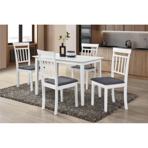 Set masa dining si bucatarie Drimus Bali, MDF, 112x72x74 cm si 4 scaune Hudson, lemn masiv, tapiterie stofa, alb