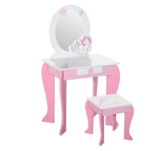 Set masuta de machiaj cu taburet pentru copii Re-Bloom, MDF/acrilic, masa 49x34x90 cm, scaun 26x26x28 cm, oglinda 25x32 cm, varsta 3-8 ani, roz/alb - Verificat A · Re-Bloom - Img 1