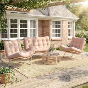Set mobilier gradina 4 piese, PE-rattan/metal/sticla/poliester, canapea 130x88x78cm + 2 fotolii 73x88x78cm + masa Ø71x32cm, perne 12cm grosime, canapea 240kg/fotoliu 120kg/masa 50kg, lemn natural/maro - Verificat A · Re-Bloom - Img 2