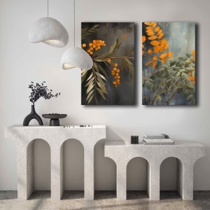 Set tablou decorativ Re-Bloom, 2 piese, model floral, lemn/panza, verde/albastru/portocaliu, 45 x 70 cm - Img 2