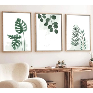 Set tablou decorativ Re-Bloom, 3 piese, MDF/lemn masiv, alb/verde, 50 x 70 cm