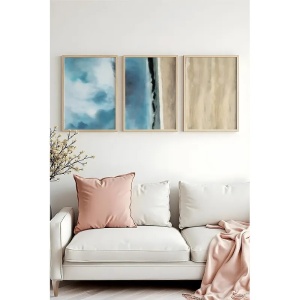 Set tablou decorativ Re-Bloom, 3 piese, MDF/lemn masiv, albastru/bej, 50 x 70 cm - Img 2