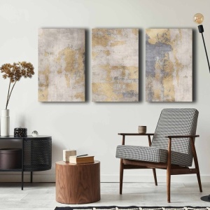 Set tablou decorativ Re-Bloom, 3 piese, panza/lemn, gri/auriu, 145 x 70 cm - Img 4