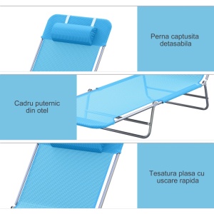 Sezlong pliabil cu spatar reglabil si perna, otel/plasa, 182x56x28 cm pliat 67x57x8 cm, 6 pozitii 90-180°, capacitate 120kg, albastru/argintiu - Verificat A · Re-Bloom - Img 5