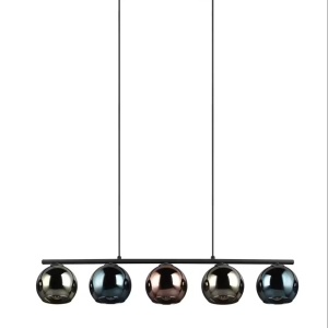 Sheldon lustra pendul 5 lumini E14, 83x150 cm, fier vopsit negru mat, globuri sticla fumurie, inaltime reglabila, 230V - Verificat A · Re-Bloom