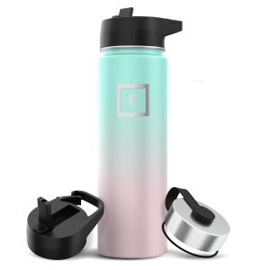 Sticla din otel inoxidabil IRON °FLASK, 3 capace, rece 24 ore / cald 12 ore, izolata, roz/albastru deschis, fara BPA, 650 ml