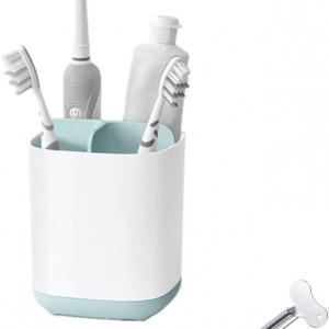 Suport pentru pasta de dinti cu storcator pentru tub Senmil, plastic/metal, alb/albastru, 18 x 9,4 x13,2 