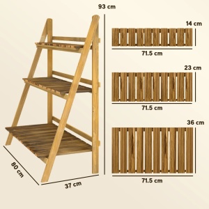 Suport pliabil pentru plante cu 3 niveluri, lemn de brad, 80x37x93 cm pliat 80x6.5x99 cm, capacitate 50kg, lemn natural - Verificat A · Re-Bloom - Img 3