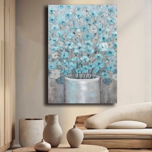 Tablou decorativ canvas model floral, 70x100 cm, panza/lemn, albastru/gri - Verificat A · Re-Bloom