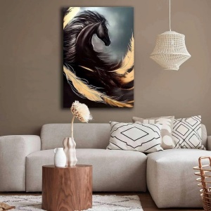Tablou decorativ Re-Bloom, model cal, panza/lemn, negru/gri/bej, 70 x 100 cm - Img 4