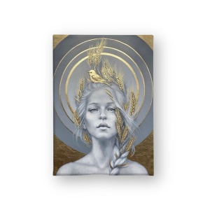 Tablou decorativ Re-Bloom, model femeie, panza/lemn, gri/auriu, 70 x 100 cm