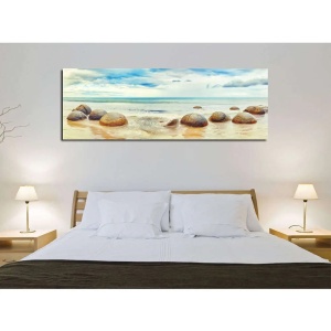 Tablou decorativ Re-Bloom, model marea, lemn/panza, albastru/bej, 80 x 30 x 3 cm - Img 3