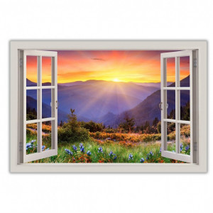 Tablou Sunrise Mountain View cu efect de fereastră 3D, 76cm H x 101cm W x 1,8cm D - Img 1