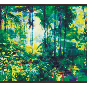 Tablou Wall Art, model peisaj tropical, panza, verde/negru, 80 x 100 cm