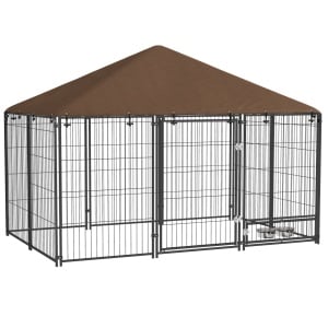 Tarc pentru caini, otel/material Oxford, 211x141x151 cm, suprafata 2.8m², usa 62x95cm, 2 boluri inox Ø18x5.5cm incluse, negru/maro - Verificat A · Re-Bloom