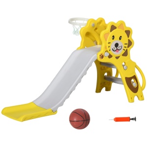 Tobogan 2in1 pentru copii tema Leu cu cos de baschet, PE, 131x50x74 cm, capacitate 25kg, galben/gri - Verificat A · Re-Bloom