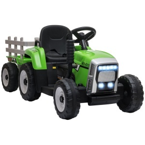 Tractor electric pentru copii cu remorca detasabila, PP/metal, 136.5x50x52.5 cm, baterie 12V 4.5Ah, viteza 3-6km/h, telecomanda 15m, autonomie 45min, capacitate 30kg, certificat EN71/EN62115, varsta 3-6 ani, verde/gri/negru - Verificat A · Re-Bloom