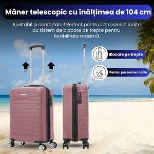 Troler cabina avion, Model Line, 4 roti duble cu rotatie 360°, maner telescopic, cifru, 55 x 36 x 20 cm, ABS, roz pudrat, Resigilat, Grad A - Img 4