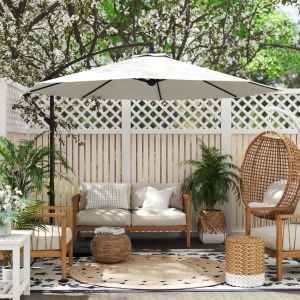 Umbrela de gradina cu brat si manivela, otel/poliester, Ø295x245 cm, stalp brat Φ42mm + sustinere Φ48mm, alb crem/negru - Verificat A · Re-Bloom - Img 2
