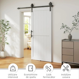 Usa glisanta stil rustic 91.5x3.5x213.4 cm, sina 183 cm, MDF si pin, otel carbon, 2 scripeti industriali, maner inclus, alb si negru - Verificat A · Re-Bloom - Img 5