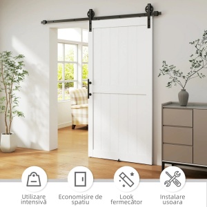 Usa glisanta stil rustic, MDF/pin/otel carbon, panou 106.6x3.5x213.4 cm, sina 213.4cm, maner inclus, 2 ghidaje podea, alb/negru - Verificat A · Re-Bloom - Img 6