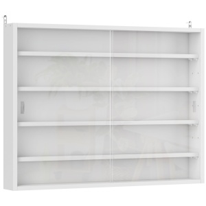 Vitrina suspendata de perete 80x9.5x60 cm, 5 rafturi reglabile, 2 usi glisante sticla, PAL, pentru figurine si parfumuri, alb - Verificat A · Re-Bloom