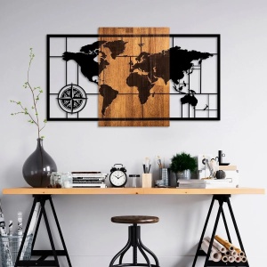 Wallxpert decor de perete model World Map 121x70 cm, lemn 3cm si metal 1.5mm, nuc si negru - Verificat A · Re-Bloom - Img 4